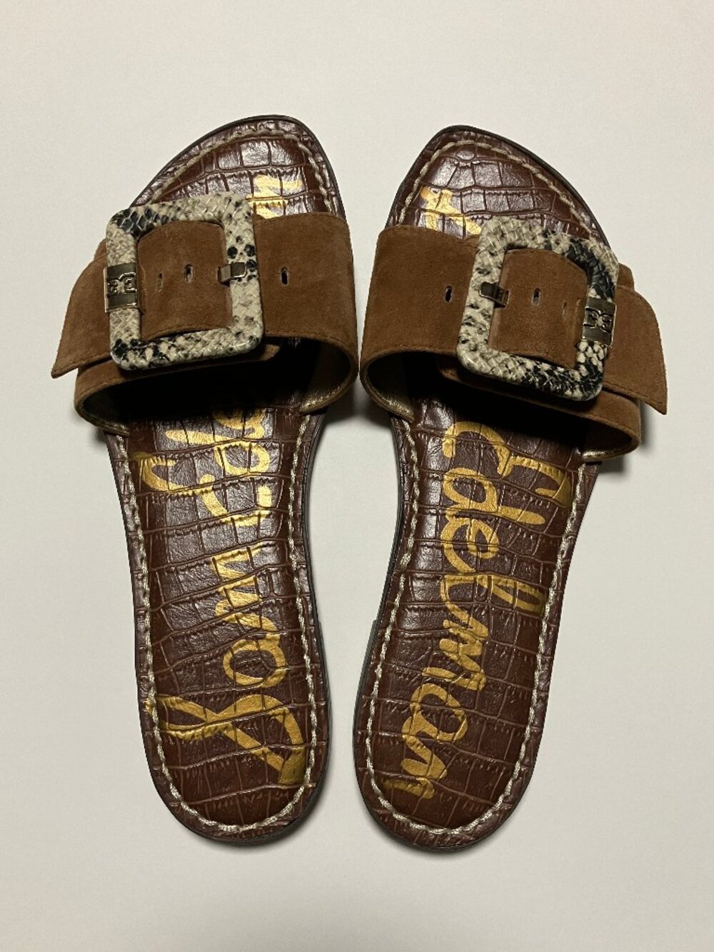 Sam Edelman Granada Suede Slide Sandals Brown Snakeskin Buckle Women's Size 6.5
